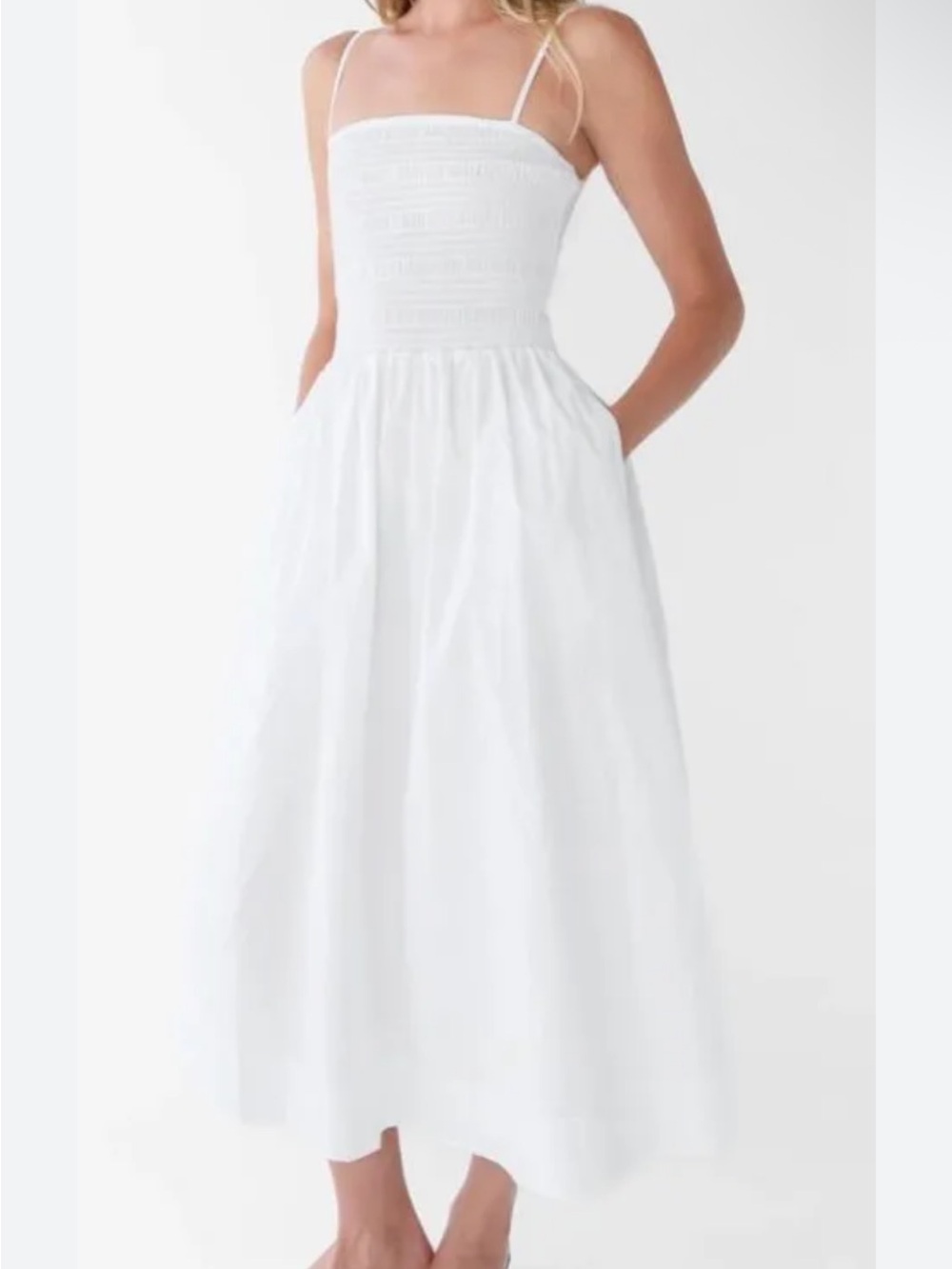 Astr White Smocked Midi Dress with Spaghetti Straps
